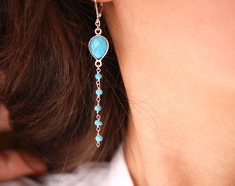 Sterling Silver Boho Earrings - Turquoise Stone Earrings - Drop Earrings - Boho Earrings - Silver and Blue - Rosary chain - Pendant Earrings