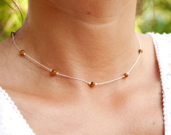 Tiger's eye stone necklace - Silver choker - 925 silver snake chain - Brown beads - Silver choker - Choker - Fine chain