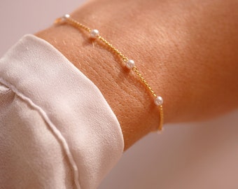 Bracelet Fin En Perles De Culture Blanches - Argent 925 Plaqué Or Jaune - Neuf Avec étiquettes