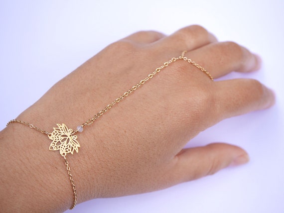 Handlet Jewelry Gold Plated Bracelet Gold Ring Bracelet and Ring Jewelry Gold Hand Jewelry Filigree Lotus Flower Wedding Jewels Etsy