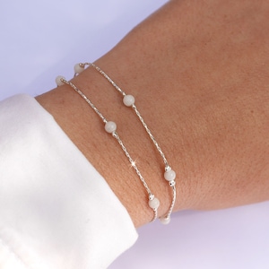 Sterling silver Moonstone Double Strand bracelet - Snake chain bracelet - Double Turn bracelet - White beaded bracelet - Bridesmaid Jewels