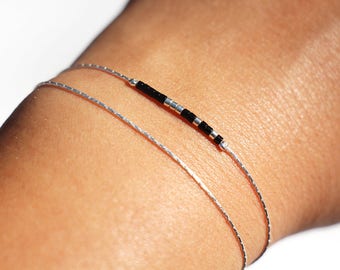 Thin double wrap bracelet, solid 925 silver snake chain, and black and silver miyuki beads