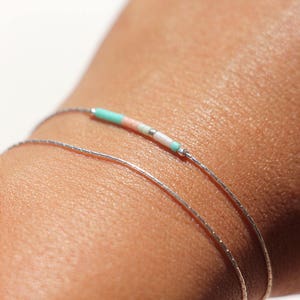 Fine double wrap bracelet, 925 sterling silver snake chain, and mint and pastel pink miyuki beads
