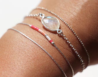 Set of 2 double turn bracelets, 925 solid silver chain, moonstone set with silver, pink miyuki pearls,