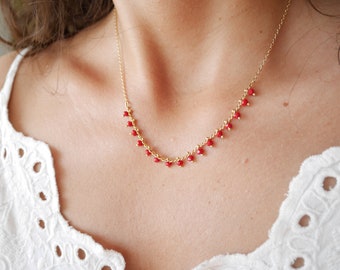 Gold plated chain necklace - Beaded necklace - Red beads Necklace - Red and Gold - Thin Necklace - Everyday necklace  - Party necklace