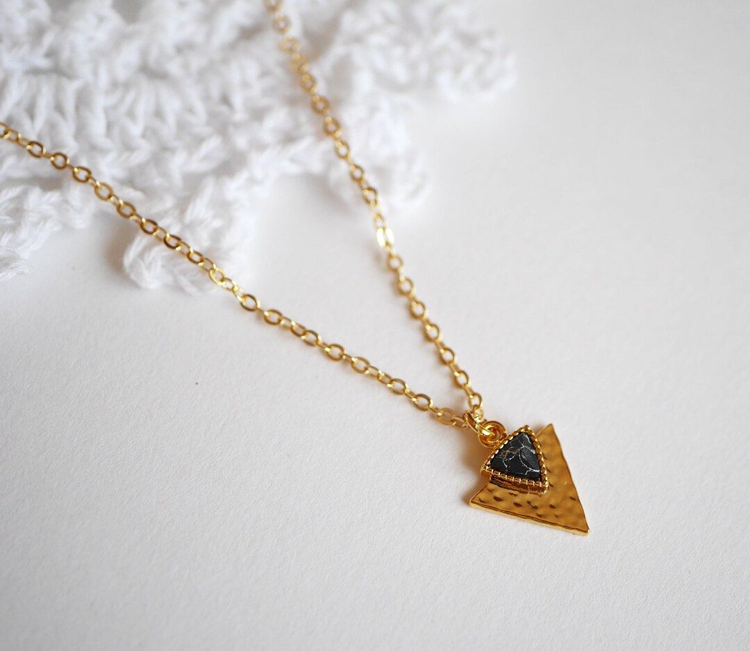 Gold Triangular Chain Gold Plated Chain Necklace - Triangle Necklace - Black Stone ...