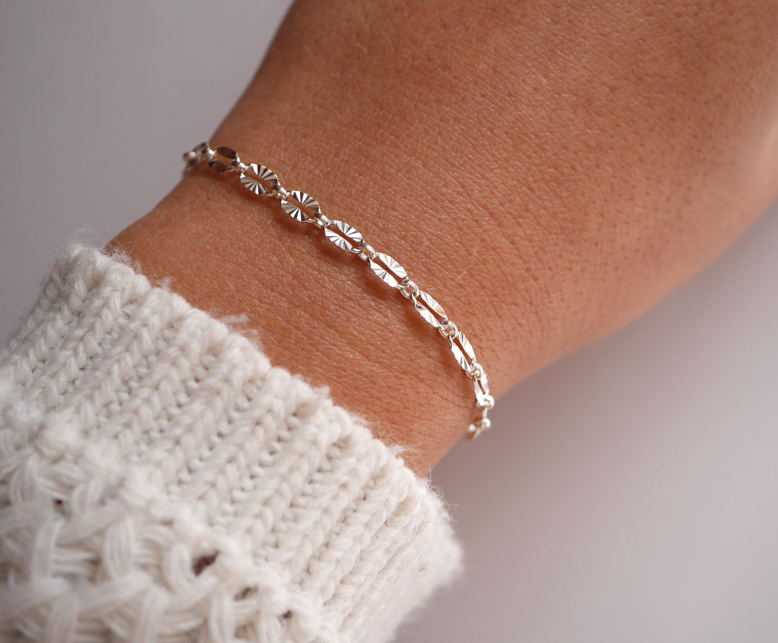 Bracelet argent massif chaine gourmette avec carrés plats - Emmafashionstyle