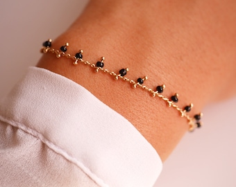 Gold Plated bracelet - Black beads bracelet - Gold bracelet - Thin bracelet - Minimal - Beaded Bracelet - Rosary chain bracelet