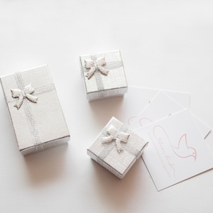 May include: Three silver gift boxes with matching silver bows and ribbons. The boxes are rectangular and have a textured pattern. Several white cards with a pink bird logo and text are also present.