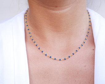 Halskette gold - plated Chapellet Kragen kurzen Rosenkranz - vergoldete Kette - blauer Chalcedon Stones royal - Halskette Kette von Steinen