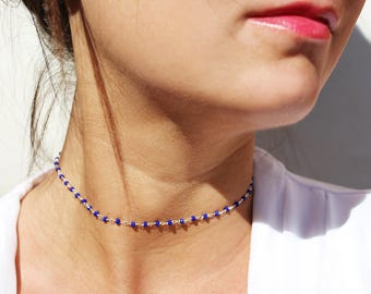 Collier choker fin chapelet - ras du cou chaîne en argent sterling 925 - collier pierres calcédoine bleu électrique - collier perles bleues