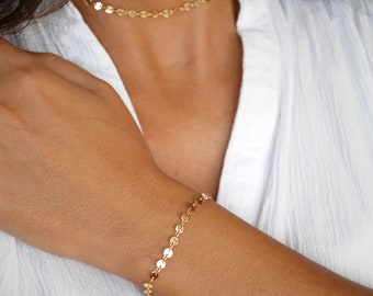 Parure collier + bracelet - Plaqué Or - Chaine de cercles - Doré - Ras de cou - Chocker - Collier court - Bijoux mariage - Minimaliste - Fin