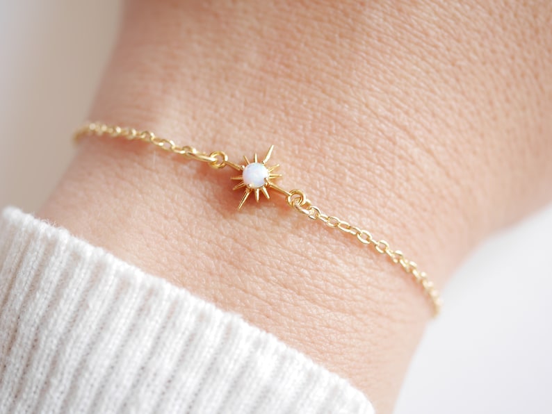 Gold Plated Star bracelet Gold Tiny Star bracelet Gold bracelet Thin Star Thin bracelet Minimal Transpent Opal Stone Stackable image 1