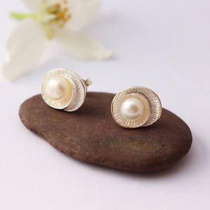 Mother's day gift-sterling silver rose chip earrings 925 and Pearl freshwater pearlesy white image 3