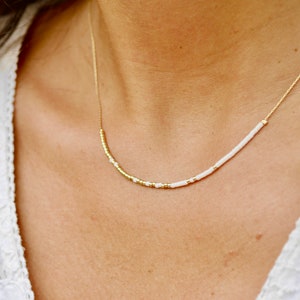 Gold Plated Necklace - White Miyuki Glass Beads - Fine Snake Chain - Minimalist - Ultra Thin - Wedding - Bridesmaid -