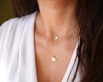 Gold Plated Hammered coin necklace - Double layered - Gold chain necklace -Discs necklaces - charm necklace - Layering - 2 Strand necklace