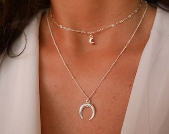 Set of 2 Crescent Silver Moon Necklaces - Double Strand Necklace - Sterling Silver Chocker - boho everyday necklace - bohemian moon necklace