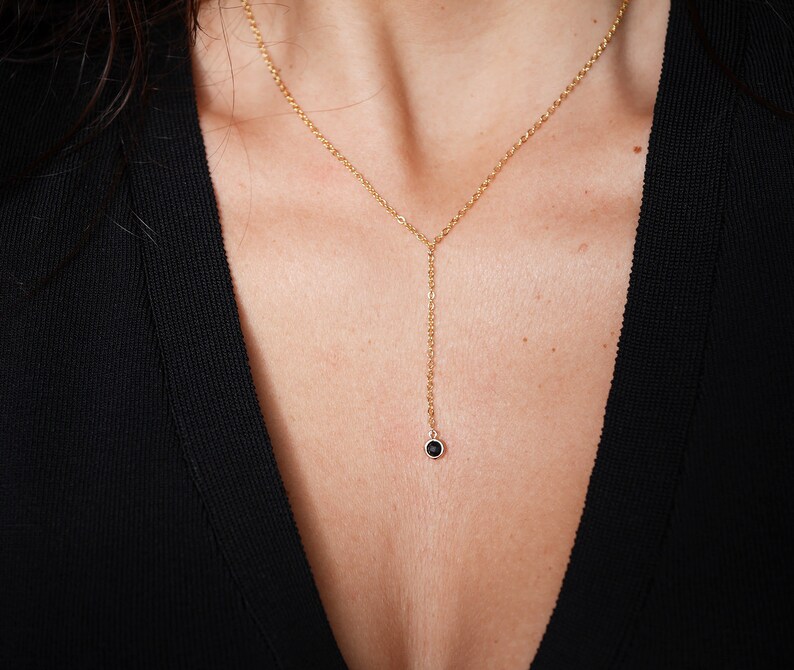 Gold Plated chain Y necklace Gold Plated jewels minimalist dainty necklace simple layering necklace Black Stone Black and Gold image 4