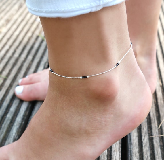 Set of 2 Sterling Silver Everyday Anklet Black and Silver Ankle