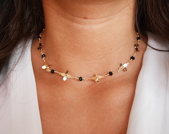 Vergoldete Halskette - Schwarze Perlenkette - goldene Kette - Goldblumenschmuck - Schwarz und Gold - Brautjungfer
