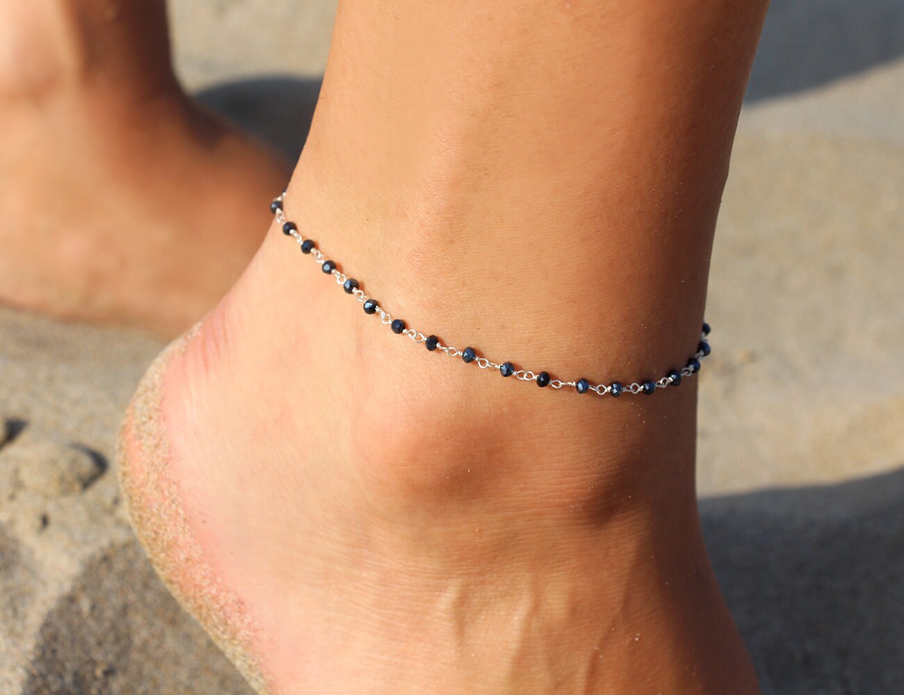 Sterling Silver Chain Anklet - Black Hematite Stone Ankle