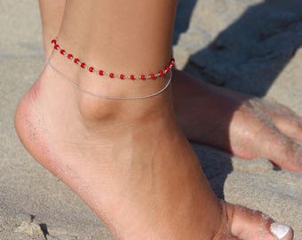 Double layered sterling silver ball chain anklet - ankle bracelet - red stone anklet - boho anklet -bridesmaid anklet - multistrand anklet