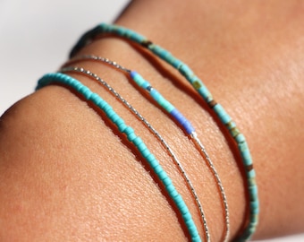 Set of 3 ultra thin bracelets - tiny bracelets - turquoise stone bracelets - beaded bracelets - sterling silver chain bracelets - summer