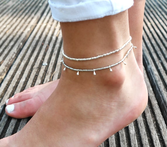 Sterling Silver Double Strand Beaded Dove Anklet Sterling Silver Double Strand Beaded Dove Anklet