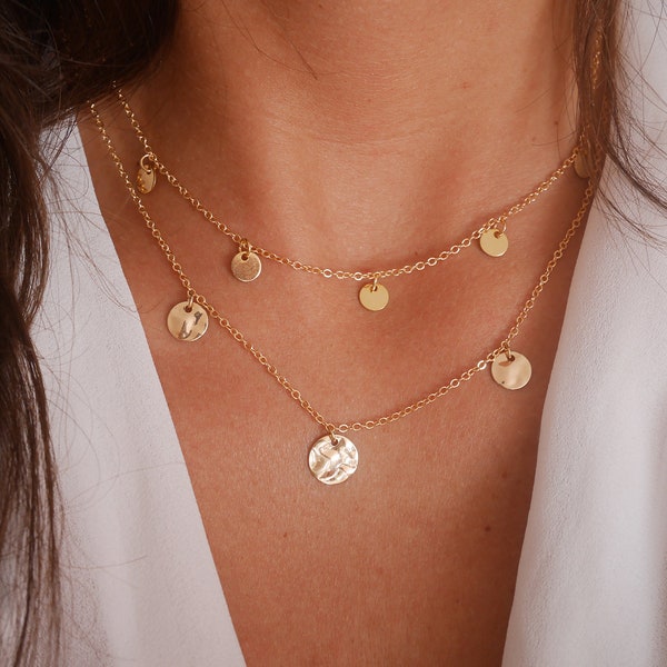 Set of 2 Gold Plated necklaces - Hammered coin - Gold chain necklace -Discs necklaces - Double strand - 3 Gold disc - Boho necklace