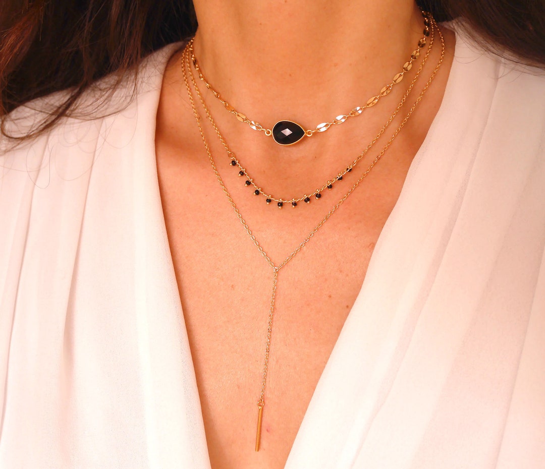 Set of 3 Gold Plated Lariat Necklace Y Simple Y Necklace Choker Thin