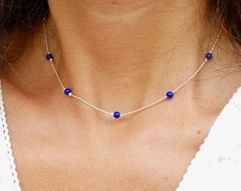 Choker necklace - 925 Silver - Chocker - Electric blue Lapis Lazuli stone beads - Choker - Fine snake chain - Stone jewelry