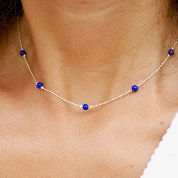 Collier ras du cou - Argent 925 - Chocker - Perles pierre Lapis Lazuli bleu électrique - Tour de cou - Chaine serpent fine - Bijoux pierres