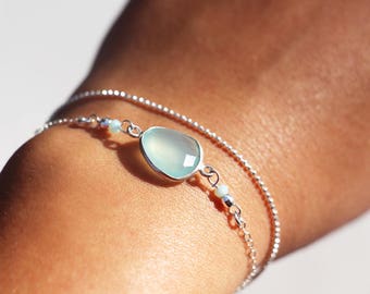 Double layered sterling silver bracelet - mint chalcedony stone bracelet - ball chain bracelet  - double strand