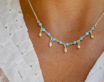 Silverly Collana In Argento 925 Con Turchese Grezzo E Perline - Gioiello Boho Lunghezza 45 Cm