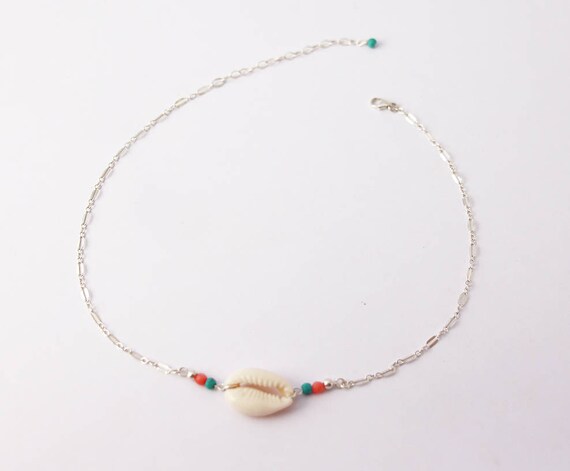 Set of 4 Thin Necklaces - Turquoise Necklaces - Cowrie Choker 