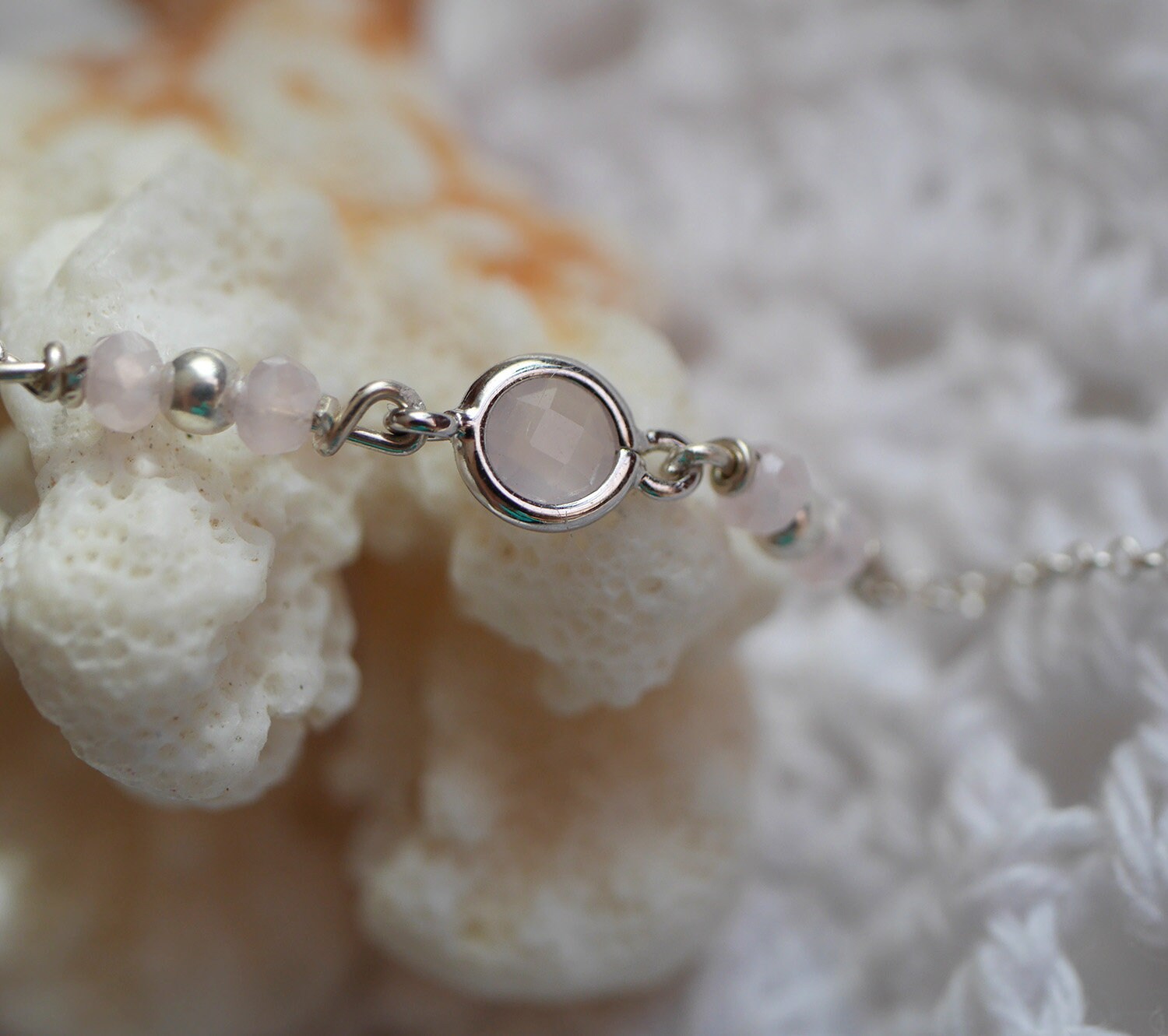 Bracelet En Argent 925 Avec Calcédoine Rose Naturelle - 21,6 Cm - Gravé, Artisanal - Idéal Anniversaire Ou Fiançailles