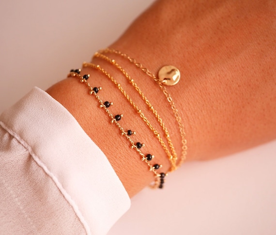 Thin bracelet Gold bracelet Set of 3 Gold Plated bracelet Satelite Christmas Gift Minimal Black beads bracelet Beaded Bracelet