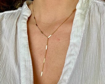 Collier long - Lasso Y - Plaqué or - Collier cravate - chaîne barre - Fin - Minimaliste - élégant - Bijoux soirée - Doré - Sautoir -