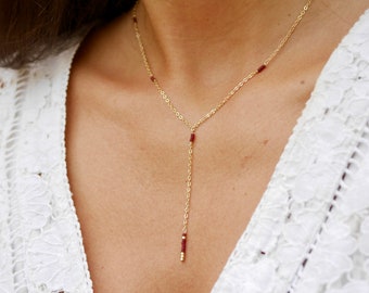 Long Y necklace necklace - Gold plated - Burgundy Miyuki glass beads - Fine chain - Lasso necklace - Tie necklace - Minimalist - Fine