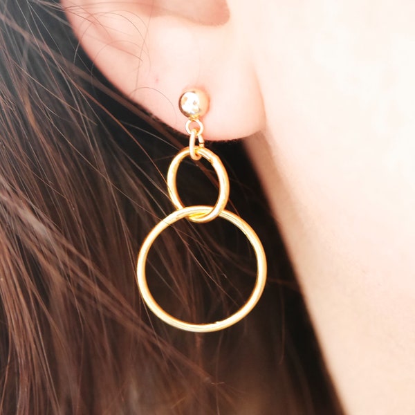 Boucles d'oreille - Plaqué or - Cercles - Double - Rondes - Anneaux d'oreille - 2 cercles - Minimaliste - Cercles liés - Amour infinis -Doré