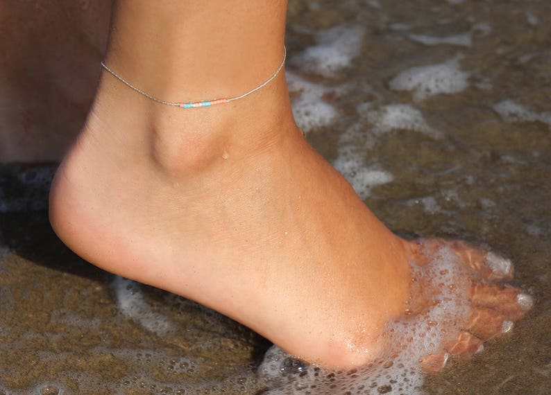 Ultra thin sterling silver anklet turquoise and coral anklet Ankle bracelet beach ankle bracelet silver delicate ultra thin anklet image 6