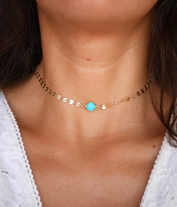 Gold Plated Circle Chain Choker Turquoise Stone Necklace Round Gold Plated Chain Necklace Stackable Necklace Thin Minimal Etsy