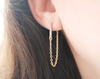 Boucles d'oreille plaqué or - Veste d'oreille doré - Avant-arrière - devant-derrière - Barre - Chaîne - Lobe - Clou d'oreilles - Tendance