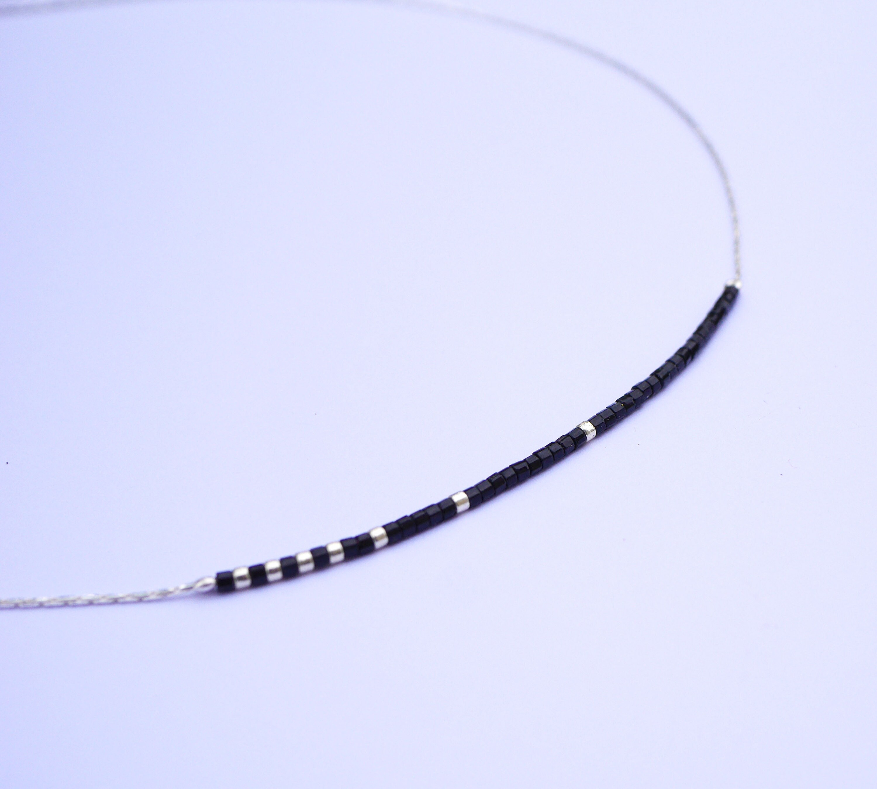【2plan】23SS★ [MADE] Black mini beads necklace Minimalist Thin Black Miyuki Beads Necklace - Beaded