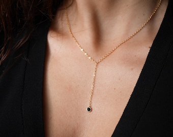 Gold Plated chain Y necklace - Gold Plated jewels - minimalist dainty necklace - simple layering necklace - Black Stone - Black and Gold