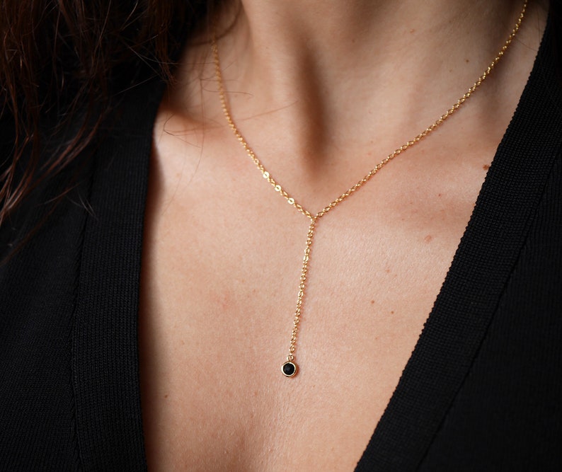 Gold Plated chain Y necklace Gold Plated jewels minimalist dainty necklace simple layering necklace Black Stone Black and Gold image 1