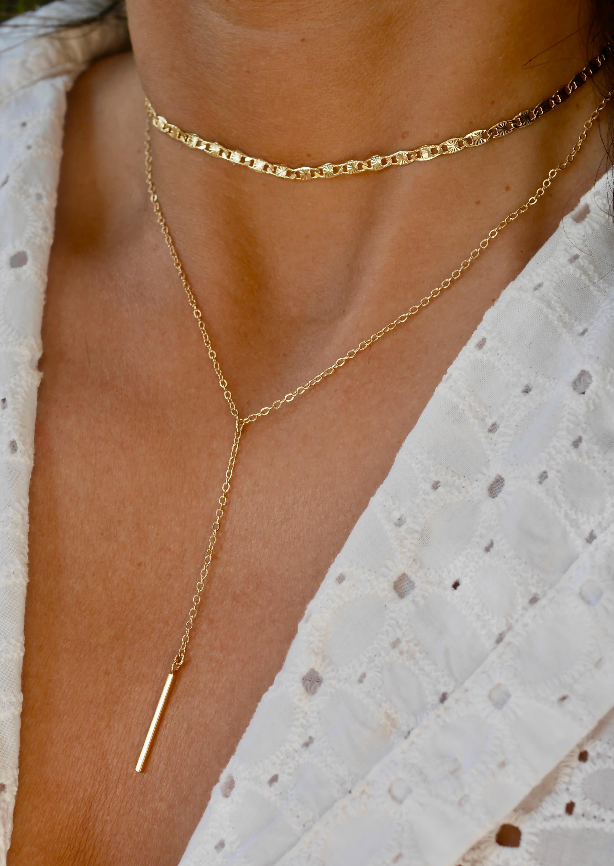 Collana In Oro Placcato 18 Carati - Doppio Pendente Lungo E Striato