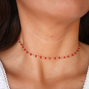Gold plated Rosary chain choker - Minimalist Gold plated chain necklace - Red Glass Beads Chocker - stackable necklace - Red Gold Necklace