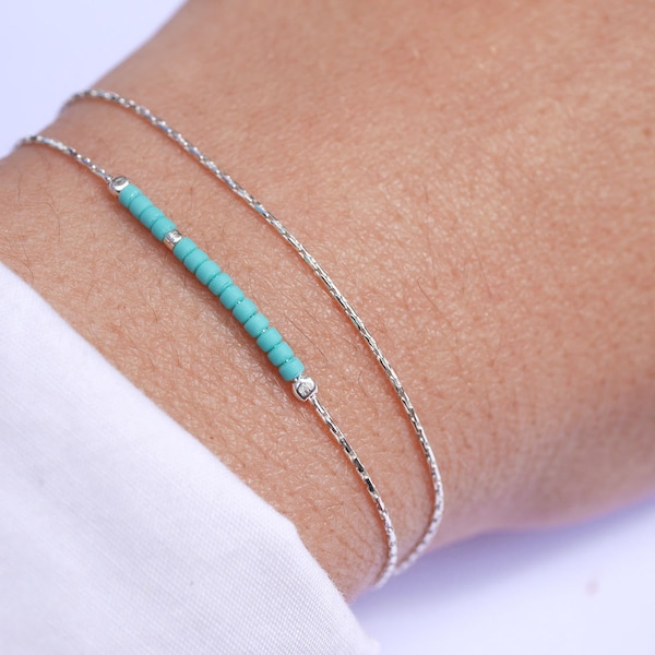 Bracelet Double Tours argent 925 Turquoise - Chaine serpent argent - Bracelet ultra fin - Pierres bleu turquoise - bijoux été coloré