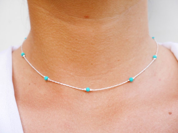 Collier Chaîne Fine Femme – Perle émail Turquoise, Acier Inox, 36 Cm, Neuf